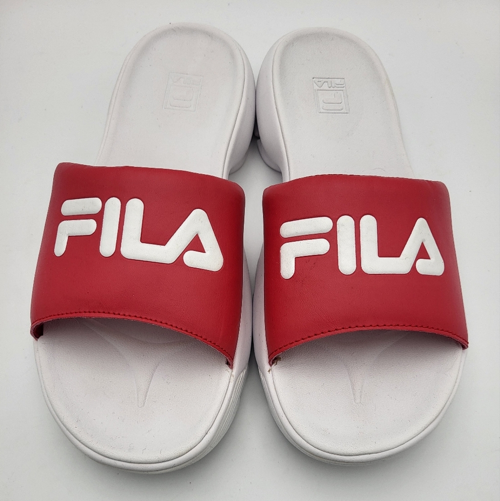 Fila White & Red Slides with White Text